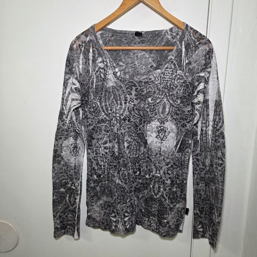 prAna Women's Gray Paisley Long Sleeve Burnout Top Size Small Grunge Boho